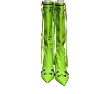 Women's Lime Green Stiletto High Heel Over Calf Boots with Tassel Pointy Toe Stu